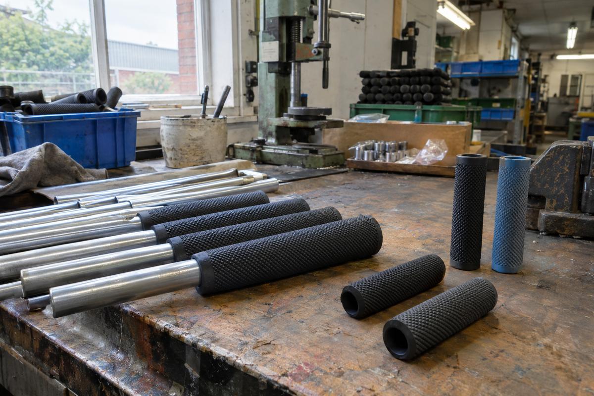 Textured rubber grip sleeves on handle cores in production bench scene