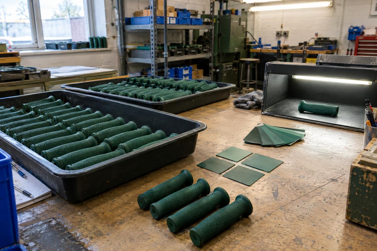 Deep green EPDM grips matched against physical colour chips on bench