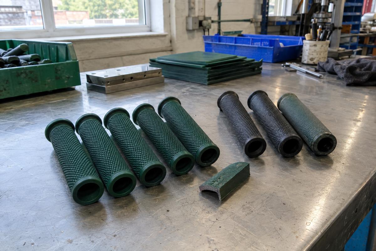Deep green EPDM grips compared with off-shade rubber samples on bench
