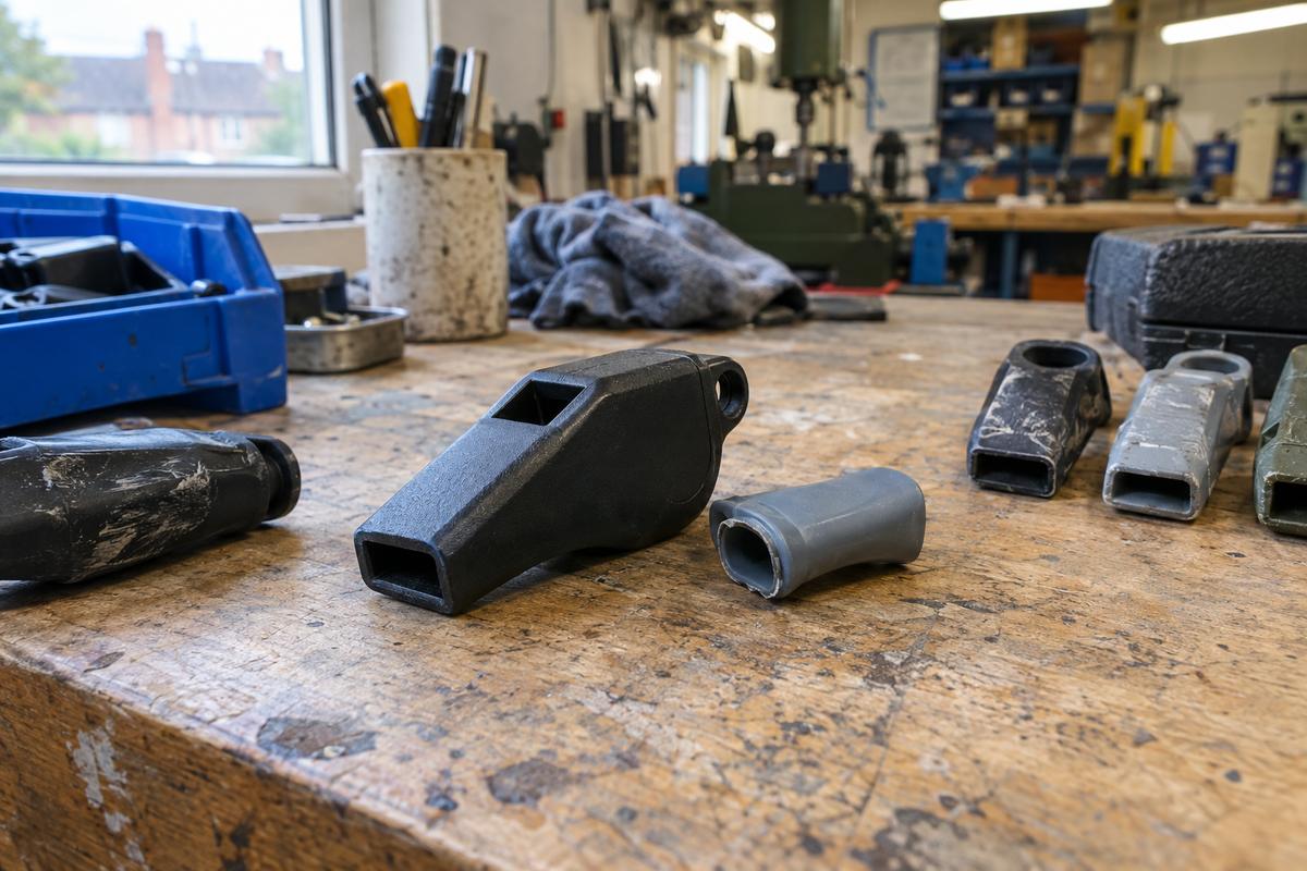 Rigid whistle body with loosened silicone mouthpiece on a worn bench