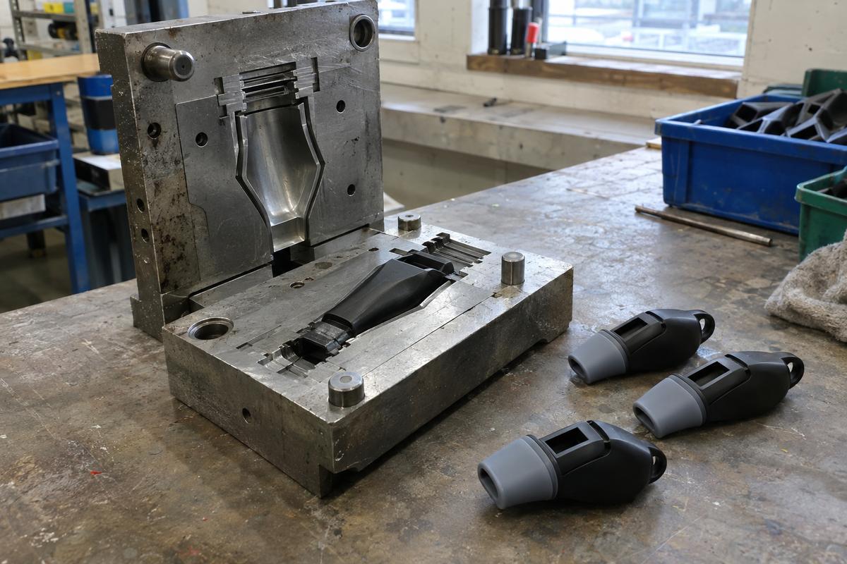 Open overmould tool holding whistle body with interlock features
