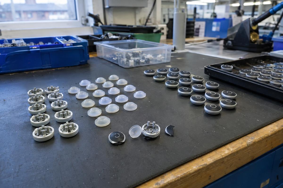 Failed three-part wearable button assembly separated into components