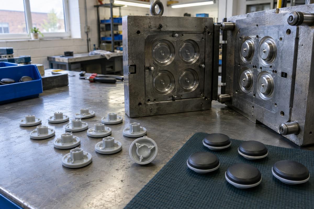 Plastic button backings with ribs beside an overmould tool
