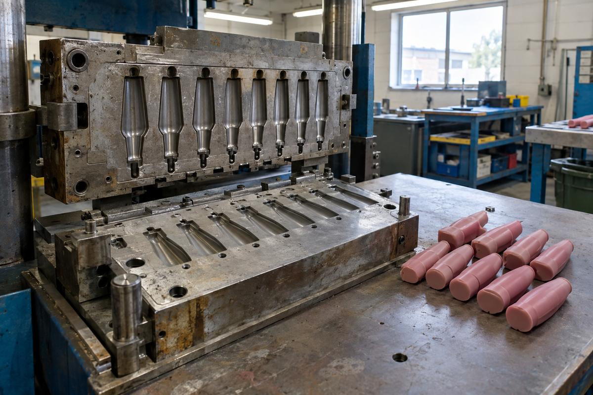 Open multi-cavity compression tool with coloured silicone charges
