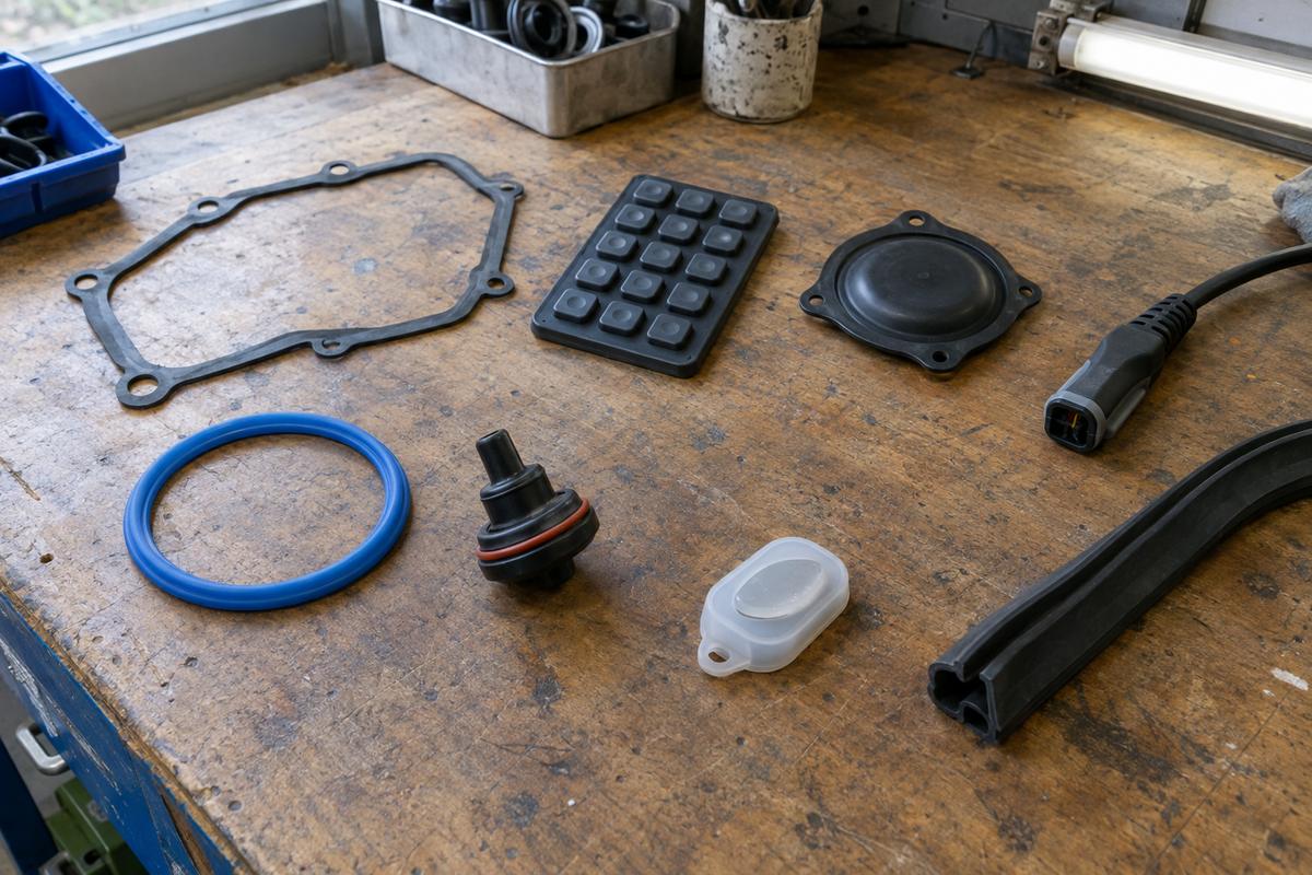Mixed anonymised silicone and rubber parts on a workshop bench