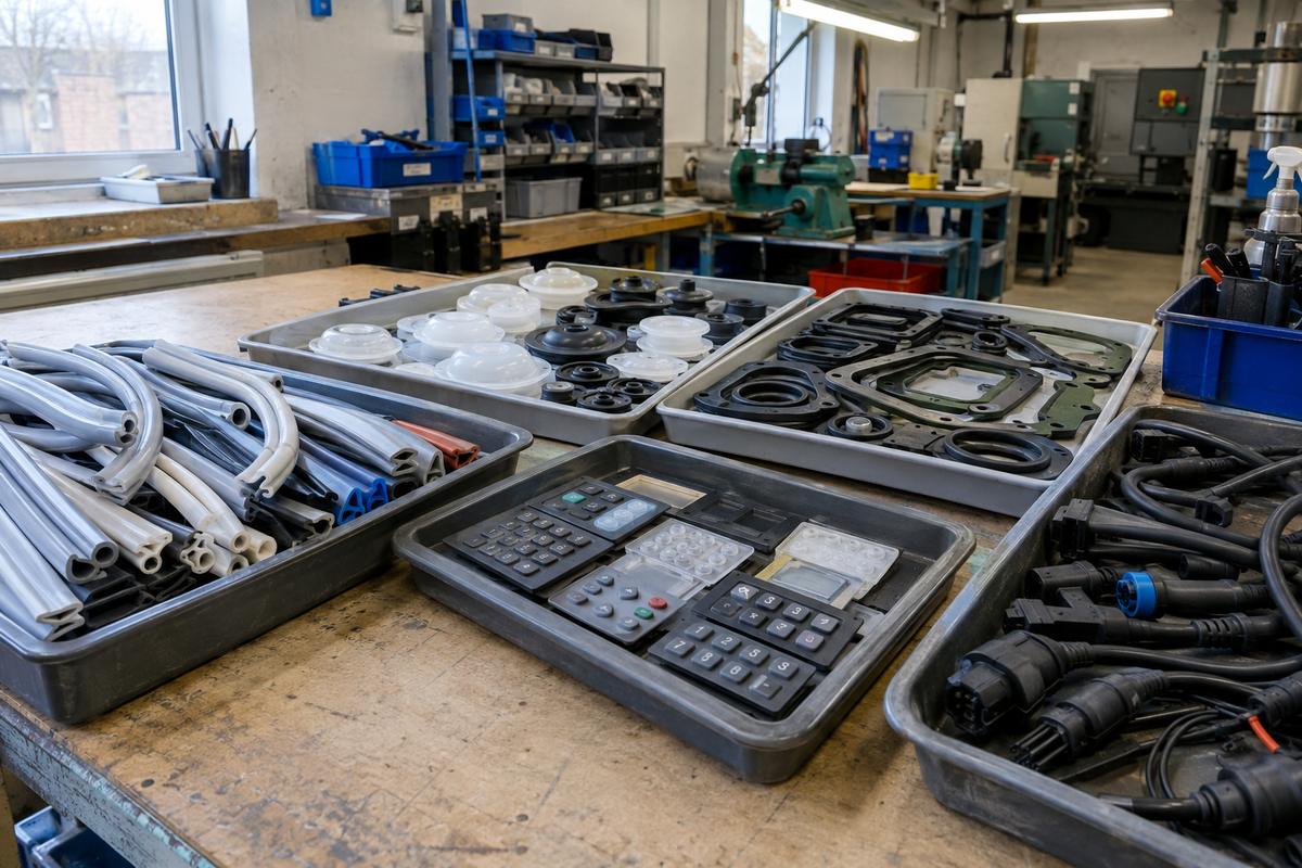 Different silicone part families grouped in trays on a bench
