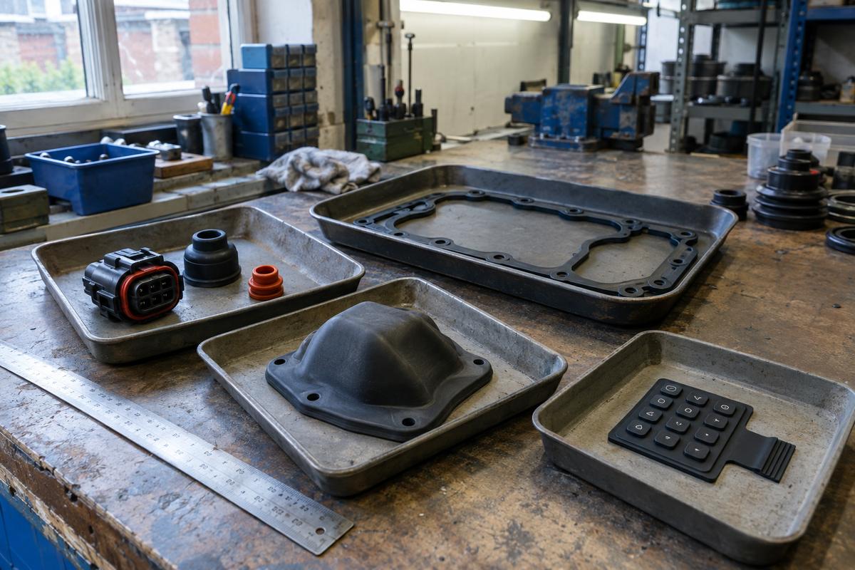 Grouped silicone and rubber parts for different industrial sectors on a bench