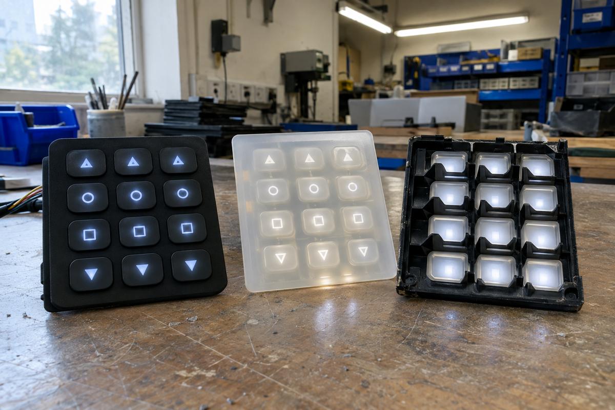 Backlit keypad samples showing etched legends, printed legends and light barriers