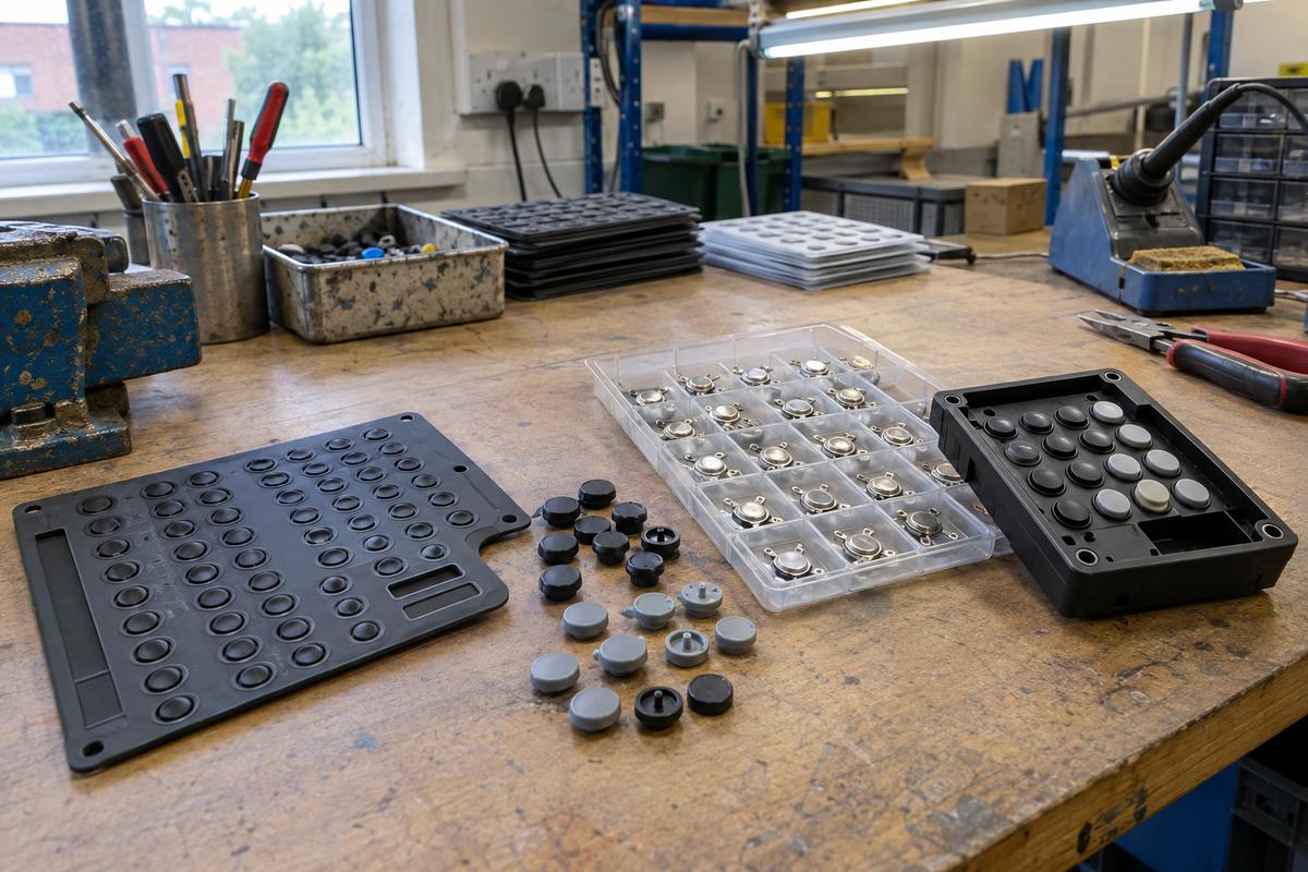 Silicone keypad mat, moulded buttons and tactile domes on a workbench