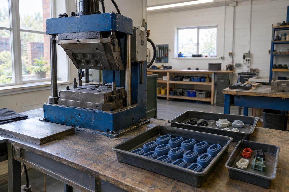 Small batch silicone moulding setup with trays of limited-run parts