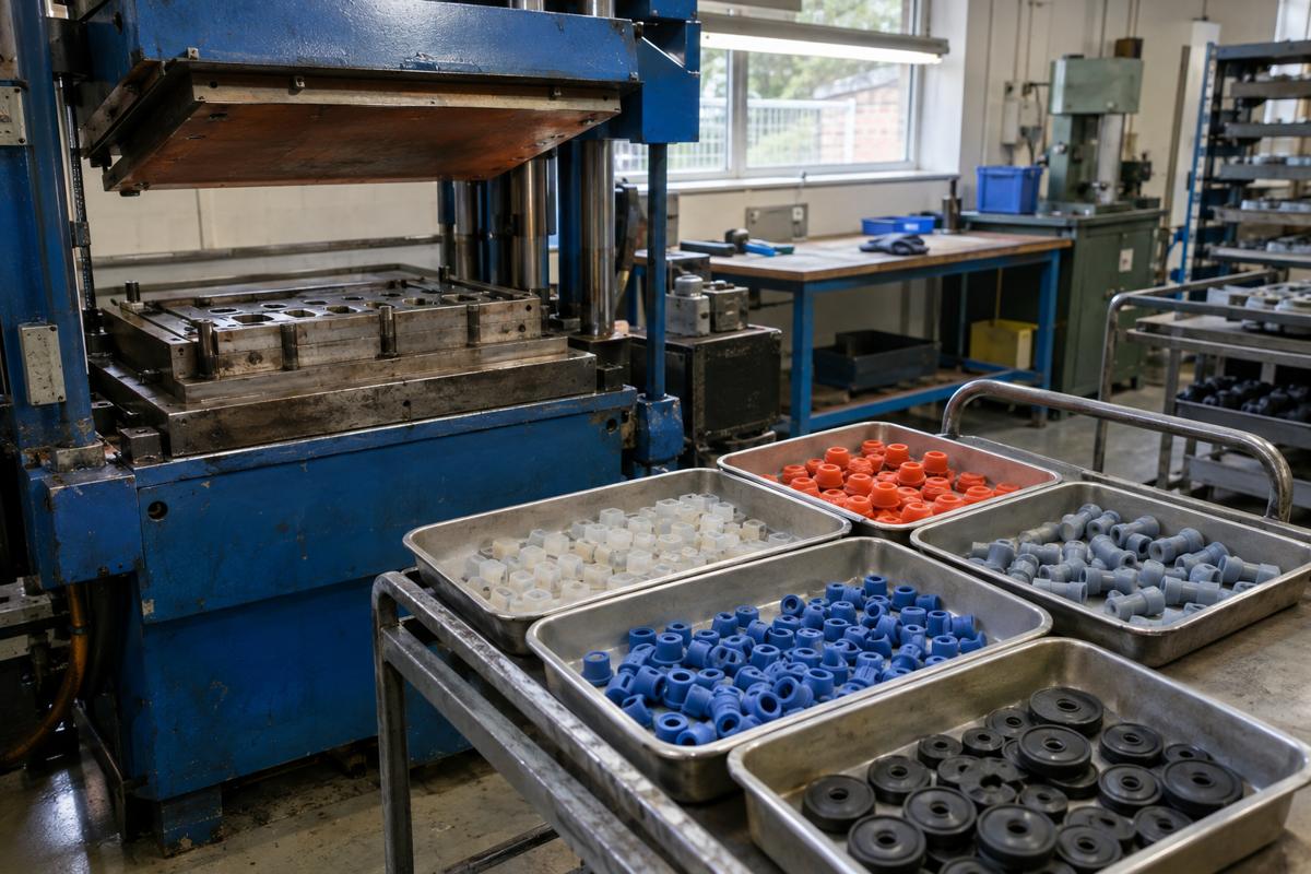 Open compression press with trays of separate silicone production batches
