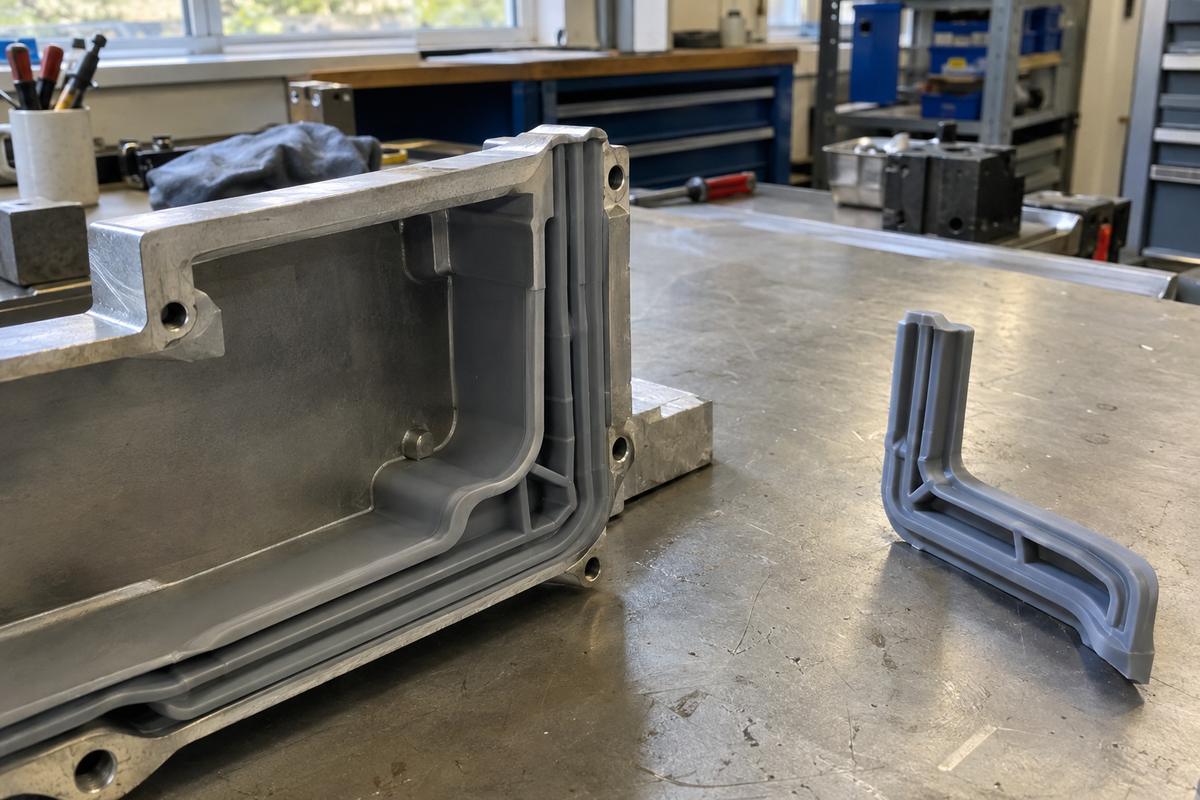 Complex custom seal fitted into a housing corner beside prototype sample