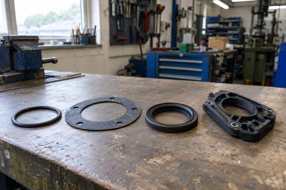 O-ring, flat gasket, lip seal and bespoke seal on bench