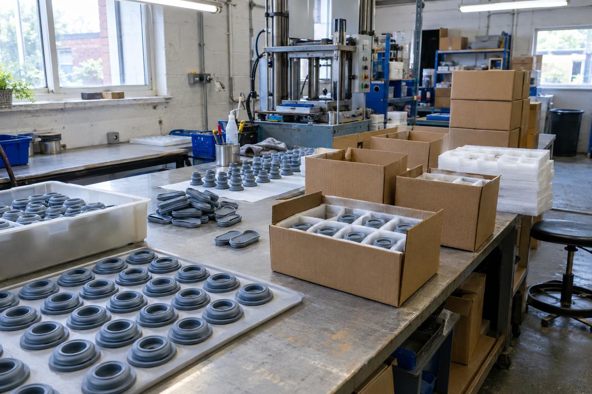 Finished silicone consumer parts beside plain cartons in a packing area