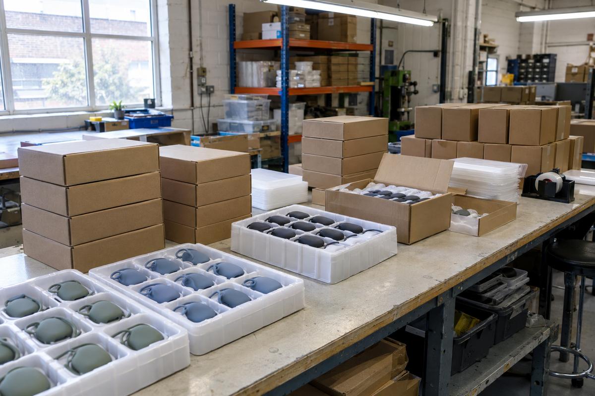 Silicone products packed into plain boxes on a workshop shipping bench