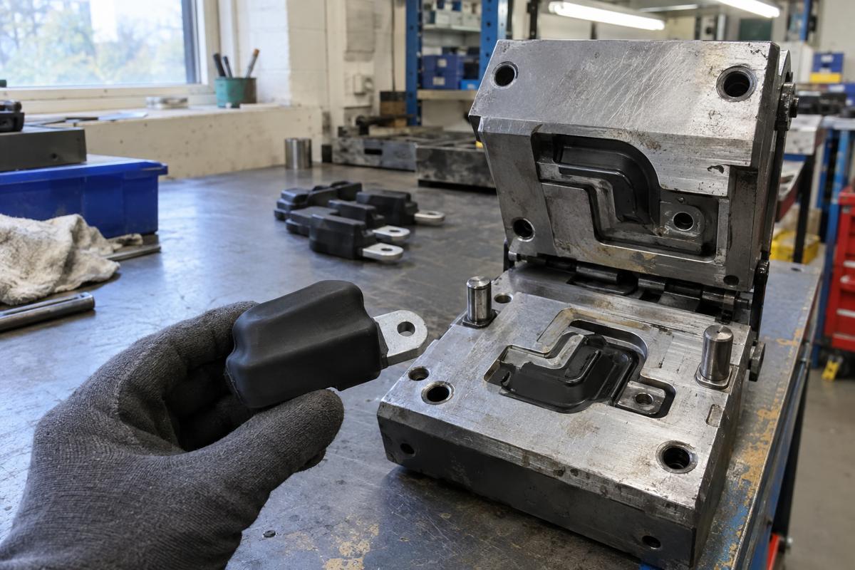 Gloved hand holding metal part overmoulded with black silicone