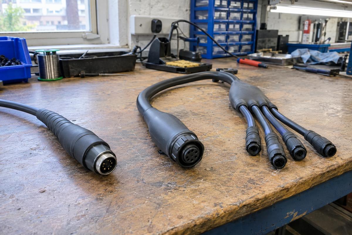 Three cable overmould examples: strain relief, sealed connector and breakout splice