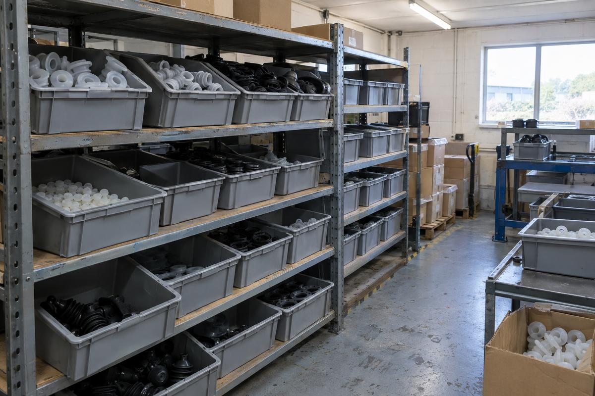 Shelving with plain totes of finished silicone parts held in stock