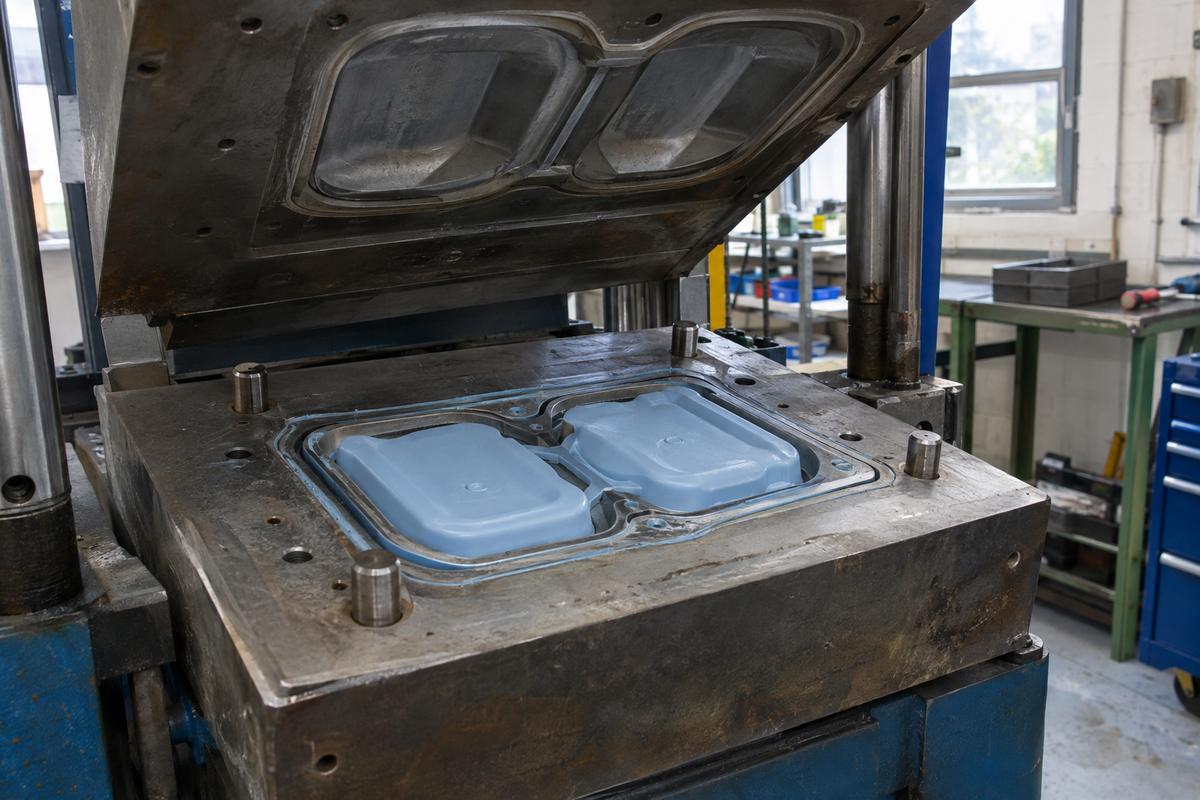 Open compression mould tool with pre-formed silicone charges in cavities