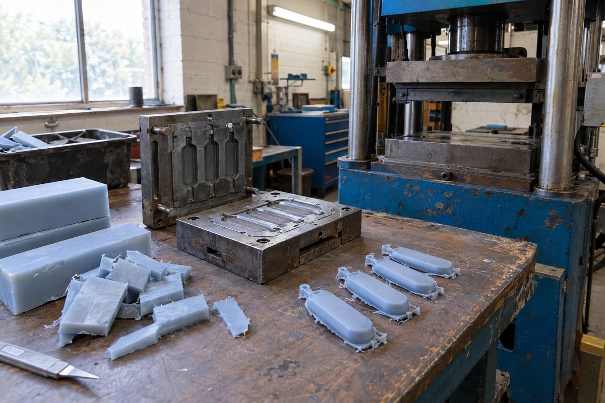 Compression moulding stages shown with charges, tool and fresh mouldings