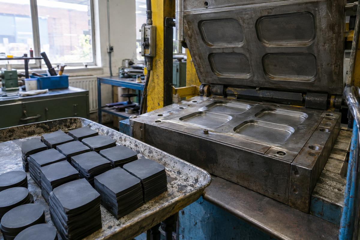 Prepared rubber charges beside open heated compression mould cavities