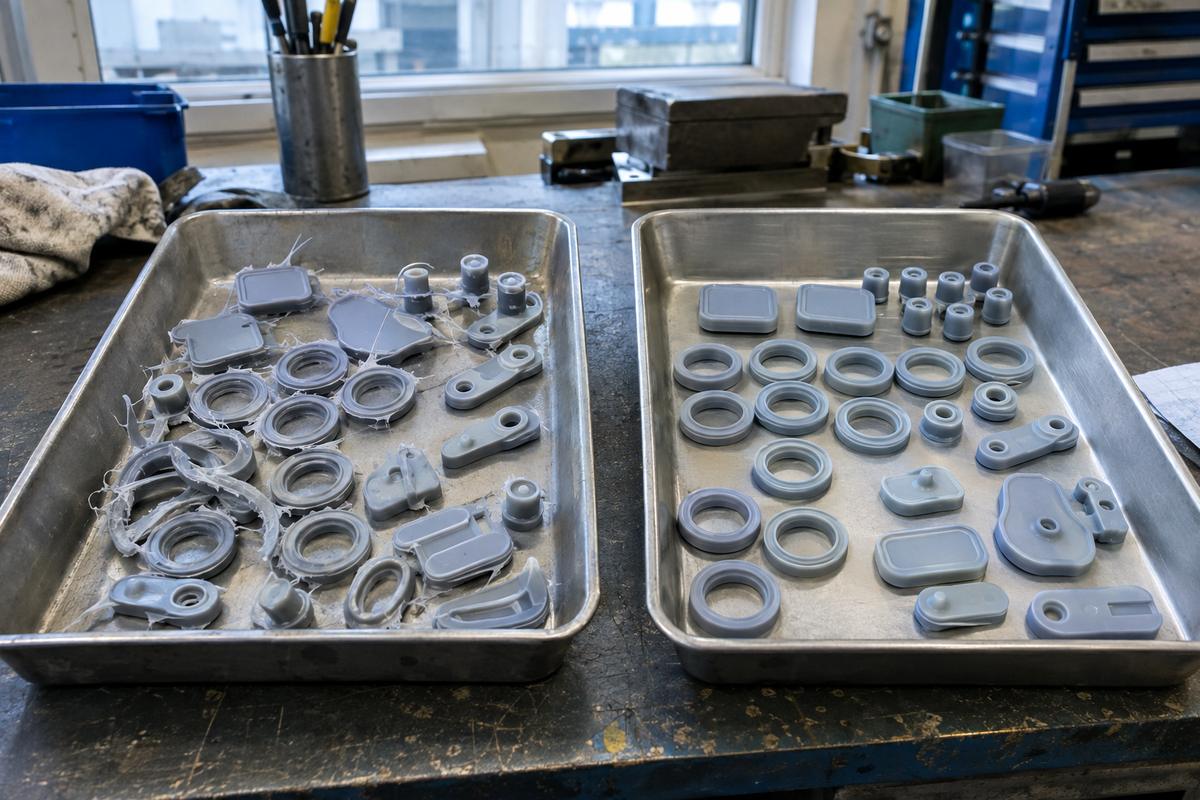 Silicone seals before and after cryogenic deflashing in metal trays