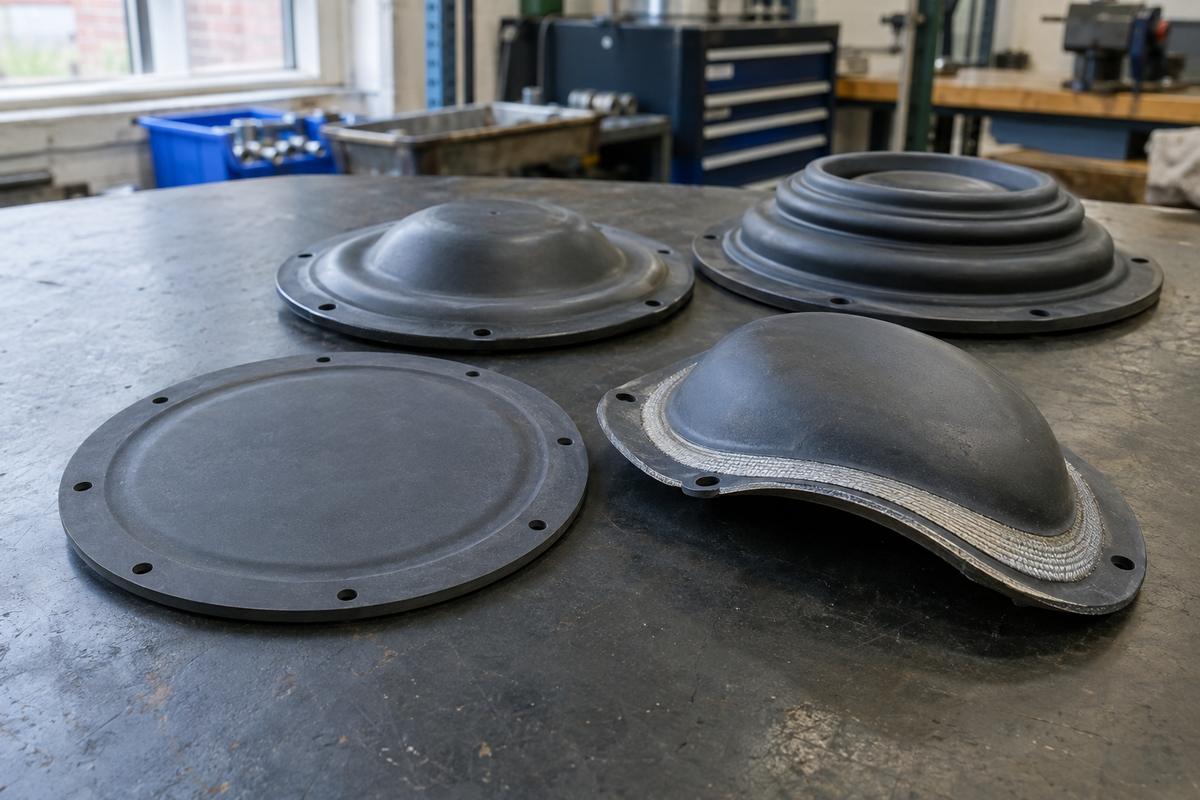 Flat, domed, convoluted and reinforced silicone diaphragms on a bench