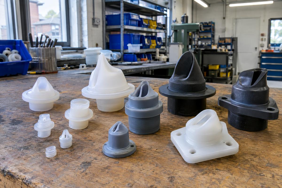 Several silicone duckbill valves in different sizes and body shapes
