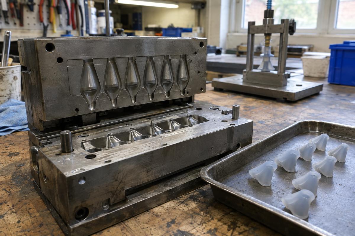Open LSR tool and moulded duckbill valves showing lip-forming detail