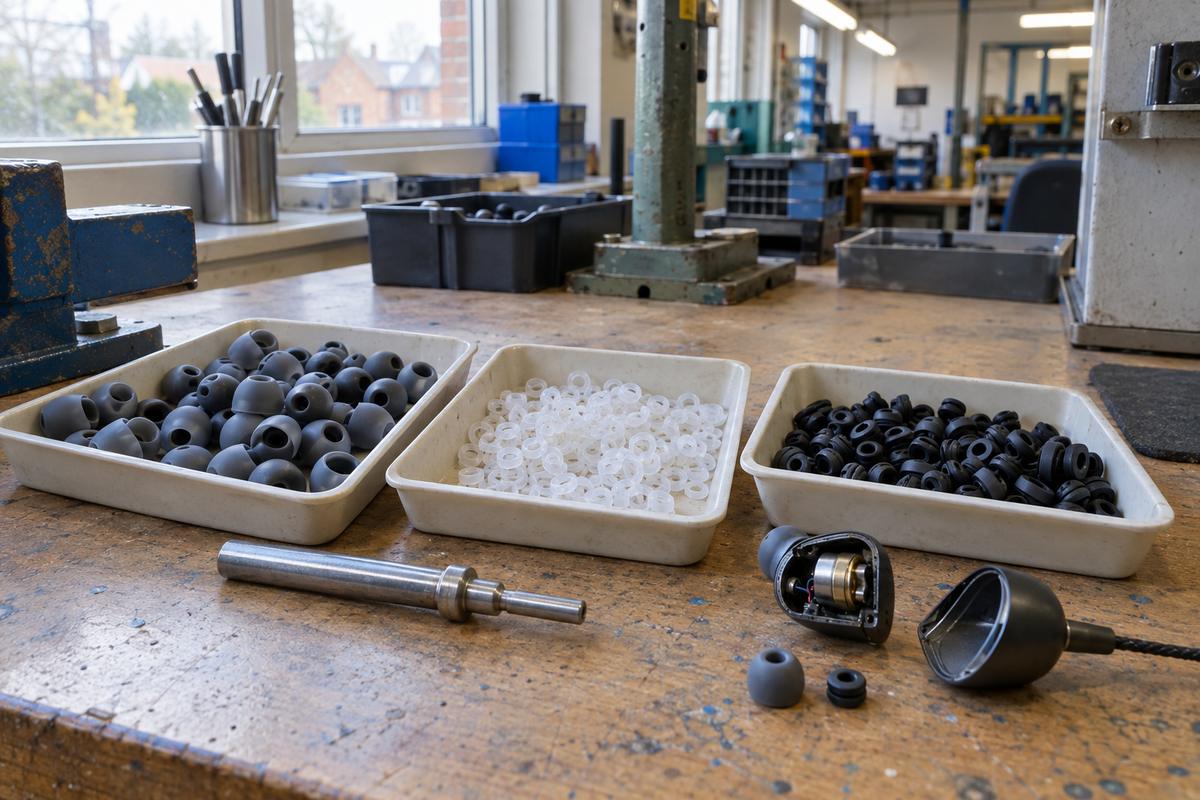 Trays of ear tips, acoustic seals, grommets and dampers on bench