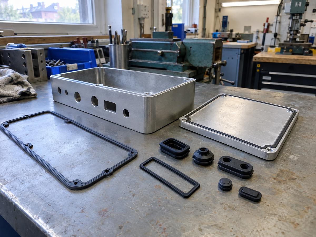 Perimeter, bezel, port and button seals beside enclosure parts