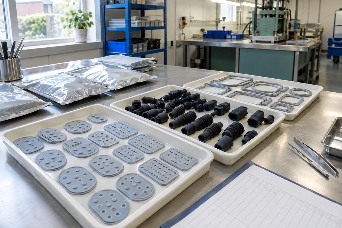 Cleanly handled electronics-grade silicone parts and materials in trays