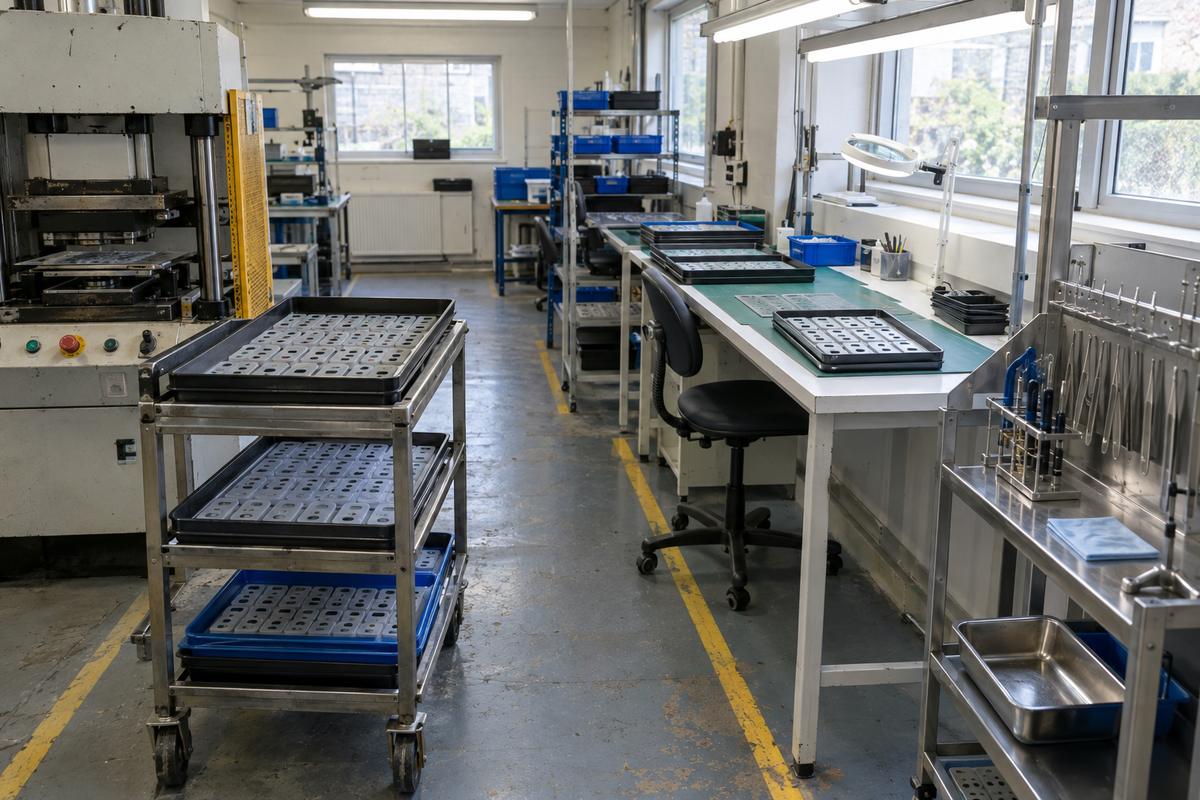 Electronics silicone parts moving through a segregated handling and inspection area