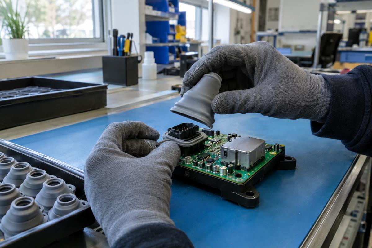 Gloved hands placing silicone boot and gasket onto circuit board assembly