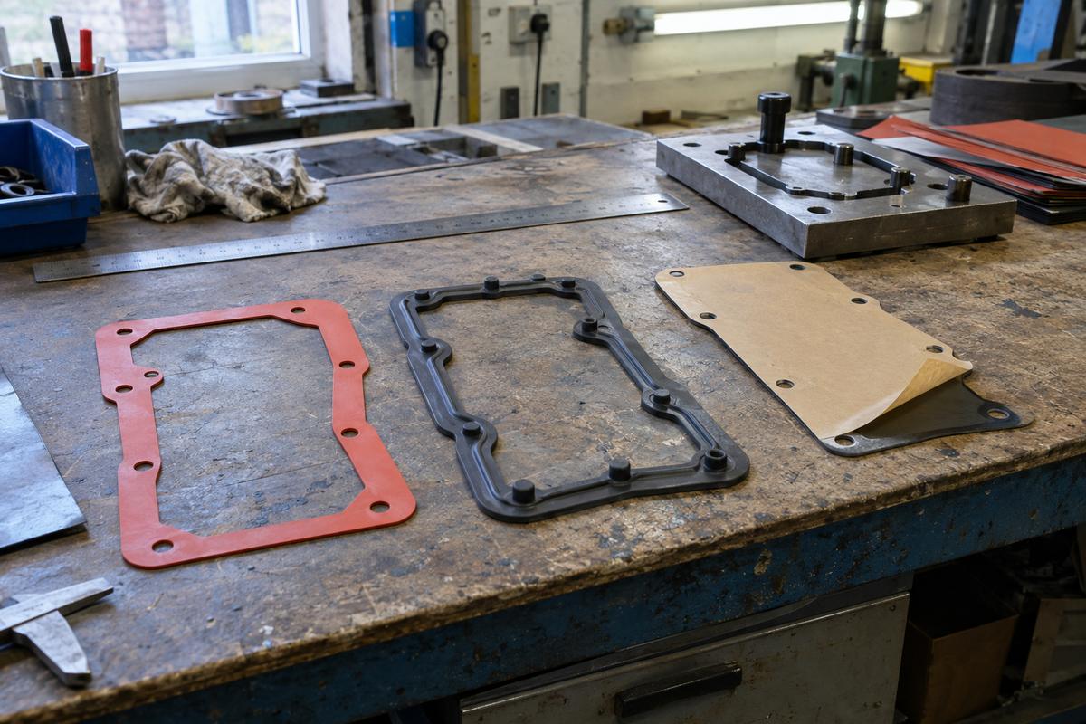 Cut, moulded and adhesive-backed flat gaskets on workshop bench