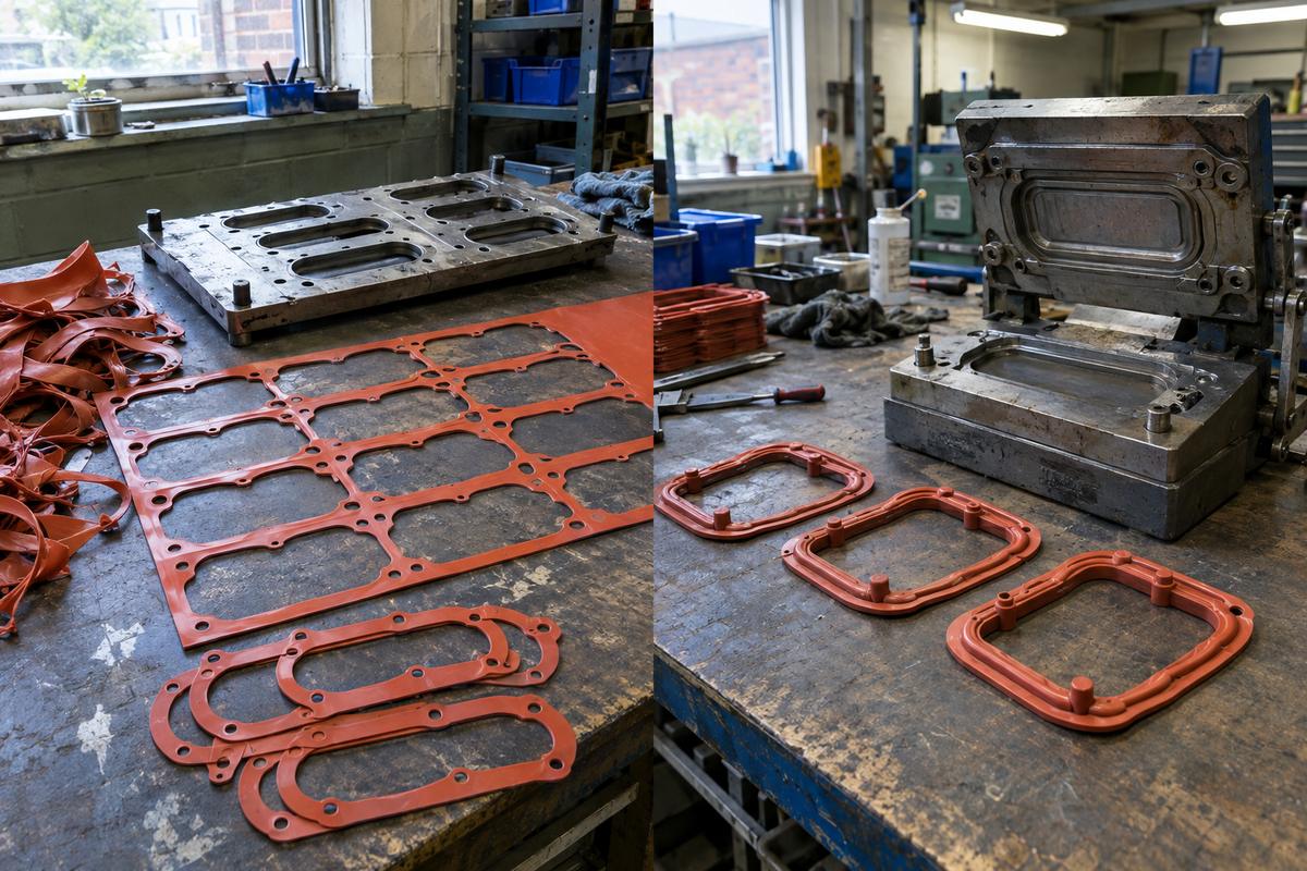 Cut sheet gaskets beside moulded gaskets and an open tool