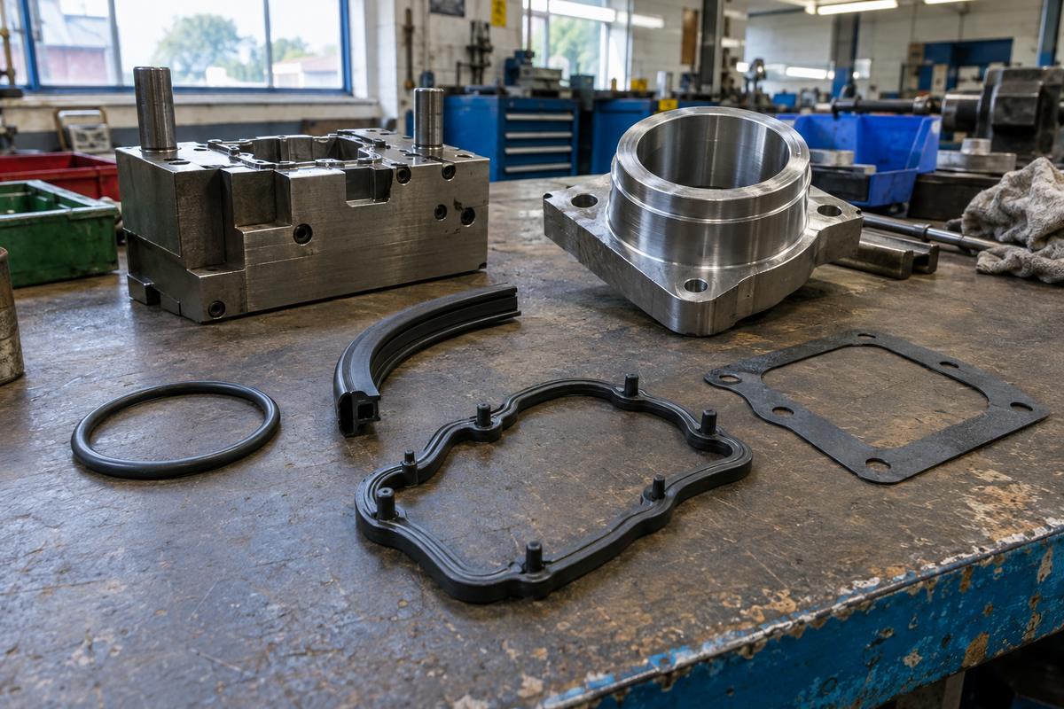O-ring, lip seal, bespoke gasket and flat gasket together on bench