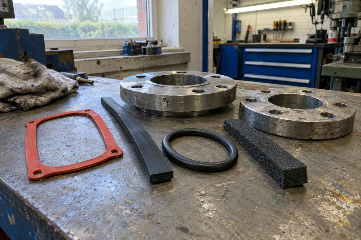 Different gasket materials beside mating flanges on a workshop bench