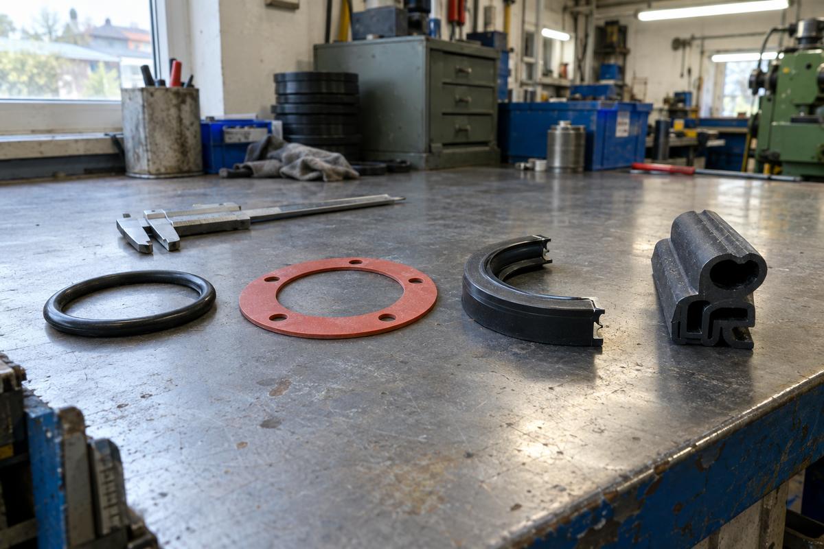 Four gasket and seal types arranged for comparison on a workshop bench