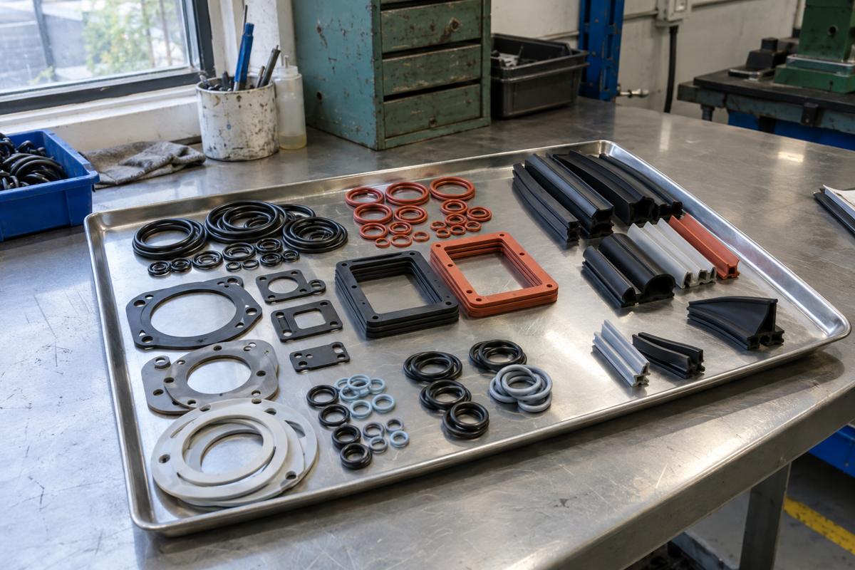 Tray of silicone O-rings, flat gaskets and profile seals