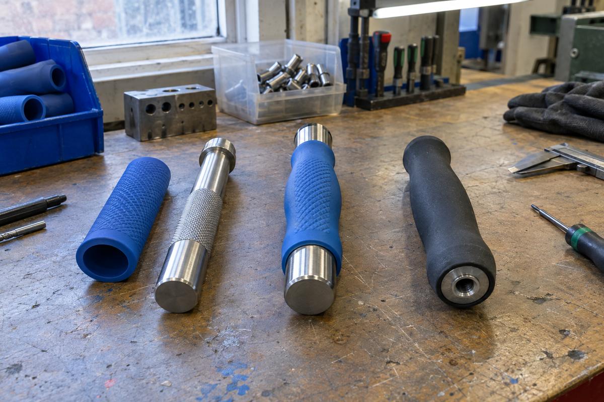 Three grip construction methods shown on a worn workshop bench