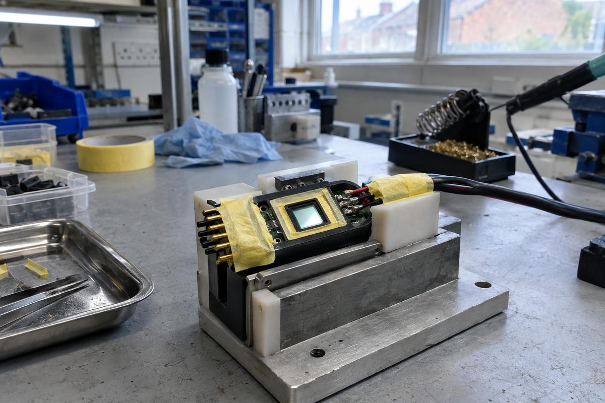Delicate hardware areas protected before silicone encapsulation begins
