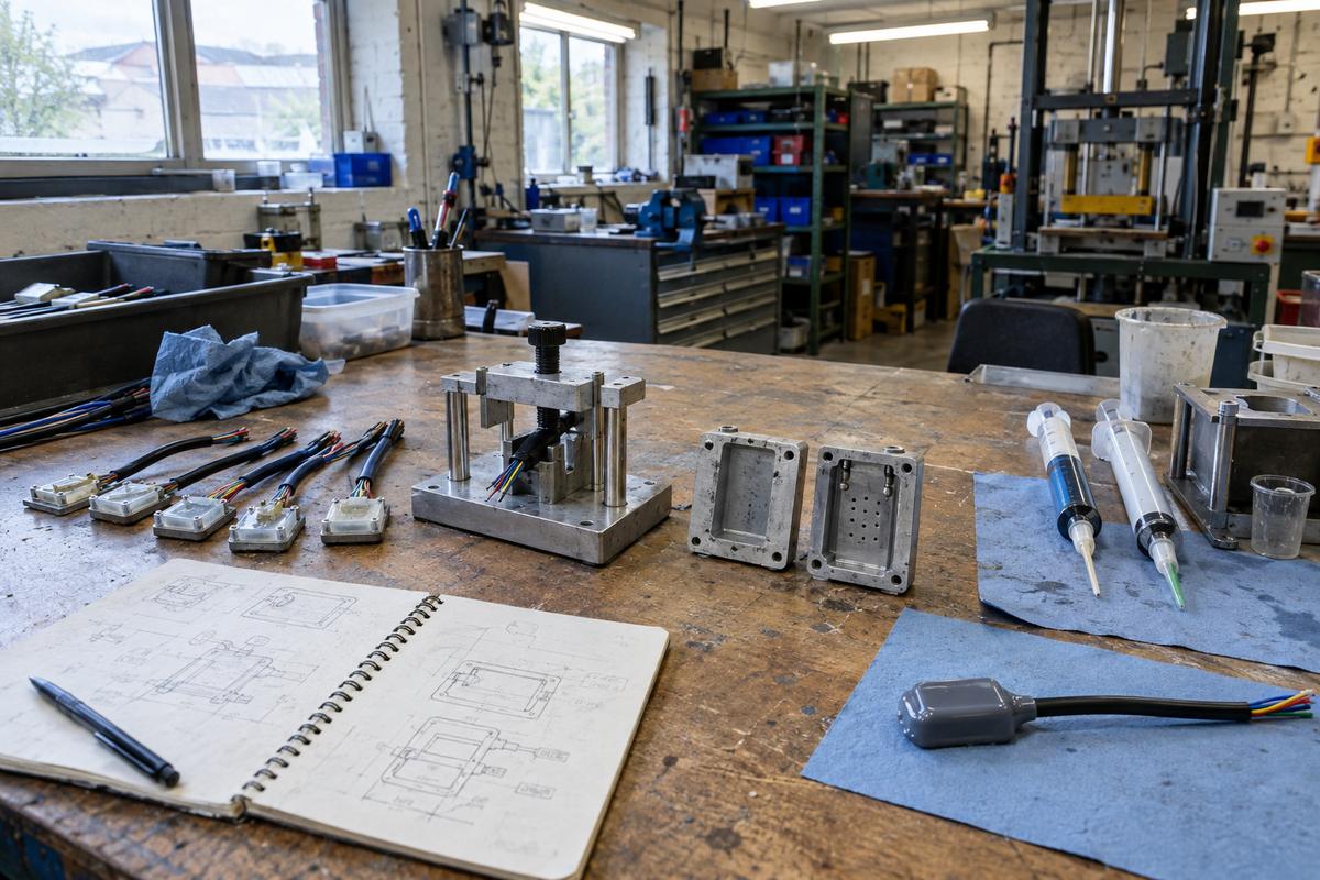 Encapsulation trial parts, fixture and finished assembly on a workshop bench