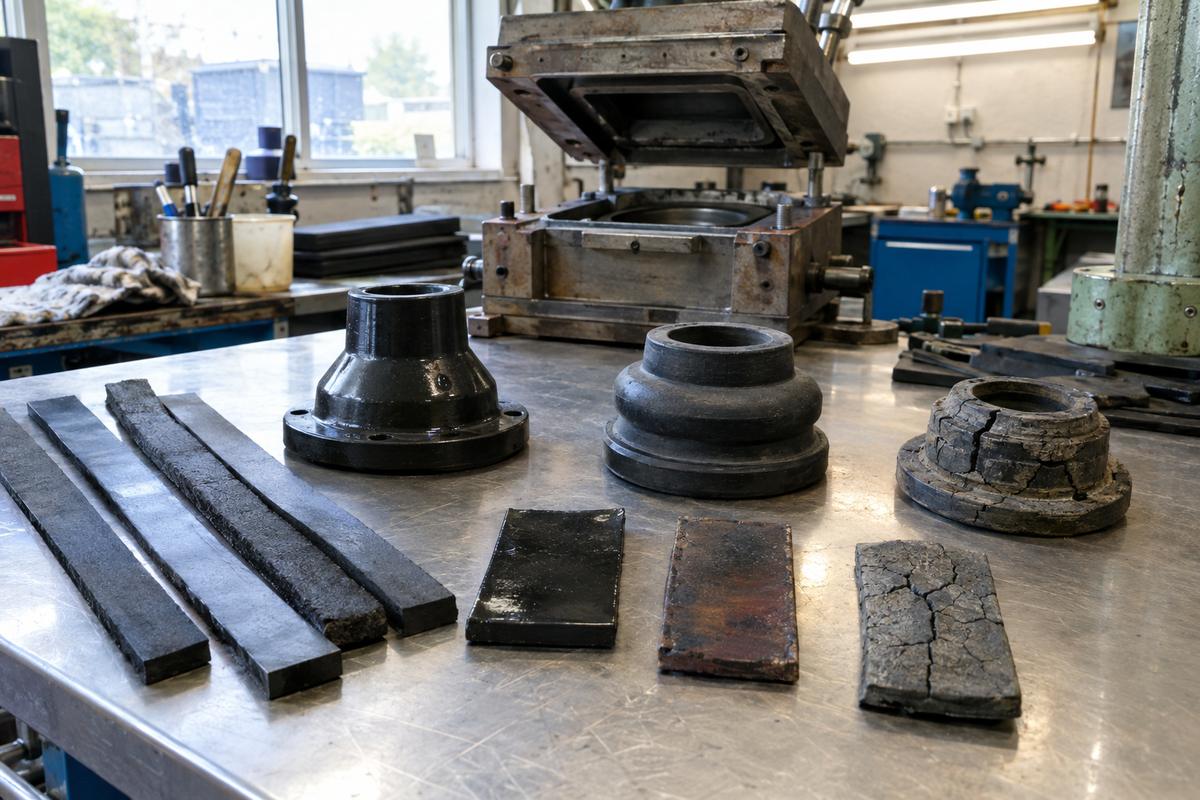 Rubber compound samples and compression moulded parts on a workshop bench
