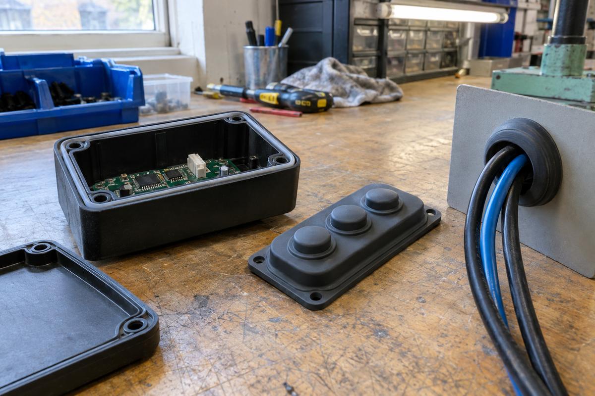 Perimeter seal, button boot and cable entry grommet fitted in assemblies