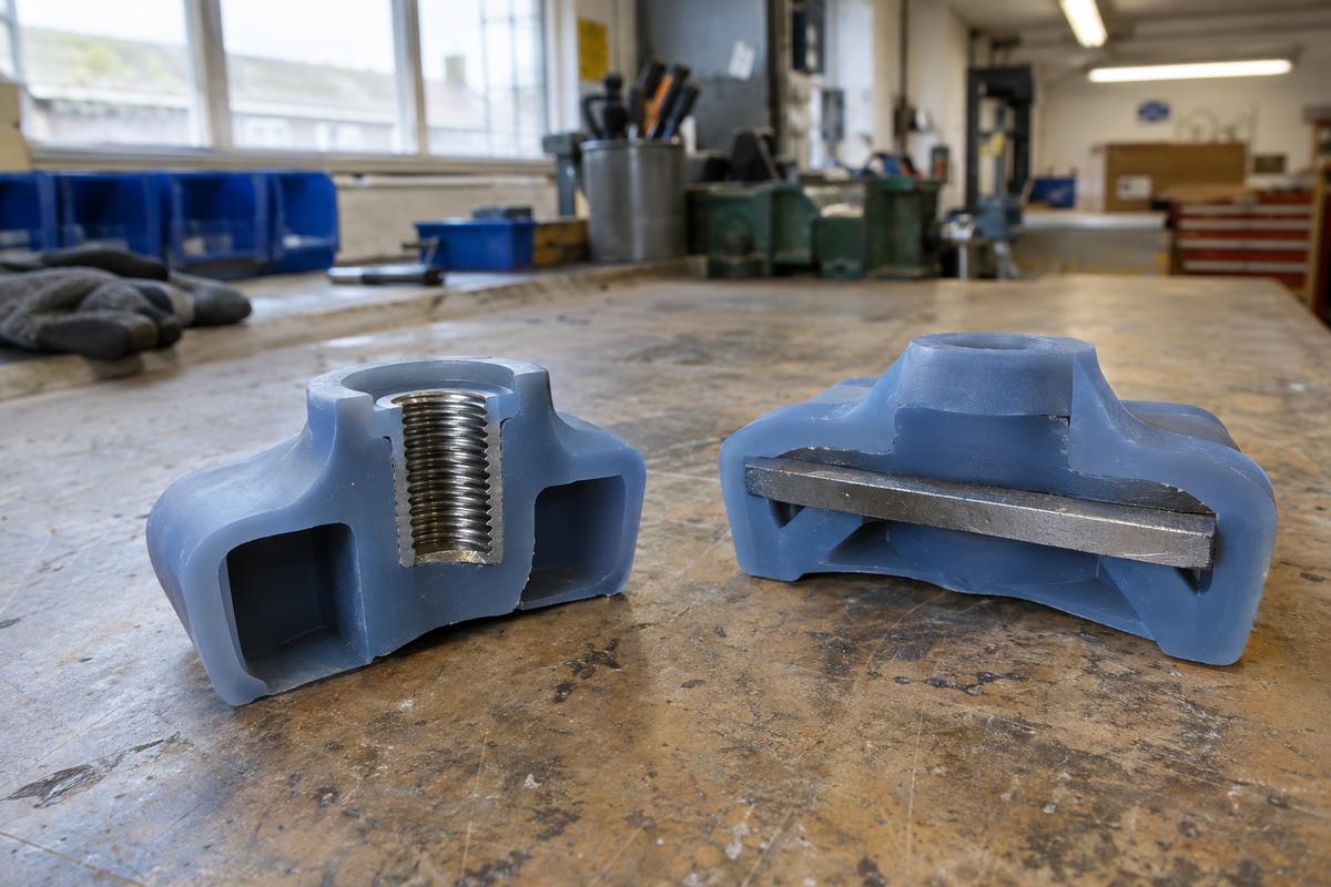 Cutaway silicone parts showing captured threaded inserts and embedded plate