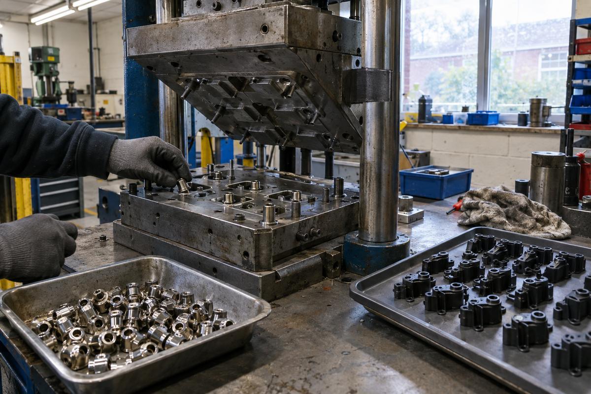 Insert moulding station with open tool, metal inserts and finished parts