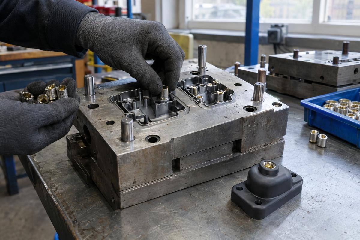 Gloved hands loading metal inserts into steel mould cavity