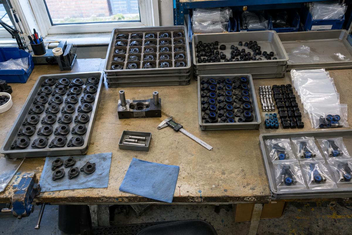Inspection tools, sorted silicone parts and assembled kits on a bench