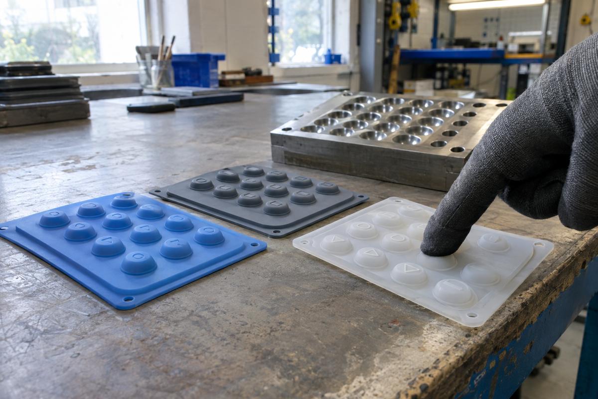 Silicone keypad mats in different grades beside dome-forming tool insert